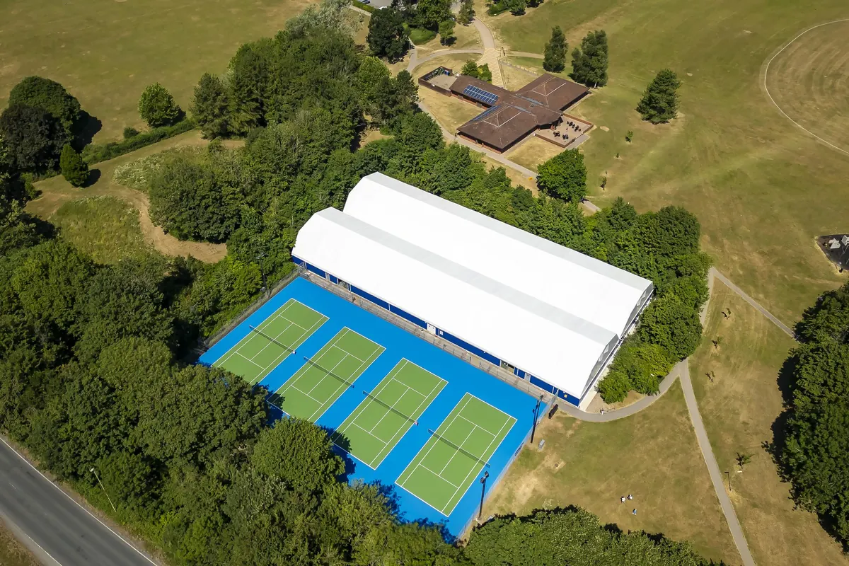 Aerial view of Basingstoke Indoor Tennis Centre and its outdoor courts in War Memorial Park