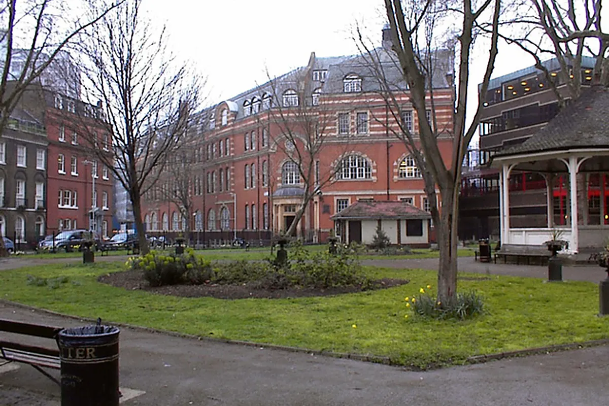 Northampton Square gardens with City University’s red-brick College Building behind