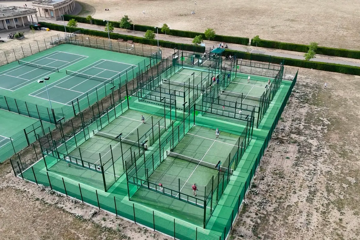 Aerial view of the new padel courts beside the tennis courts at Eaton Park, Norwich